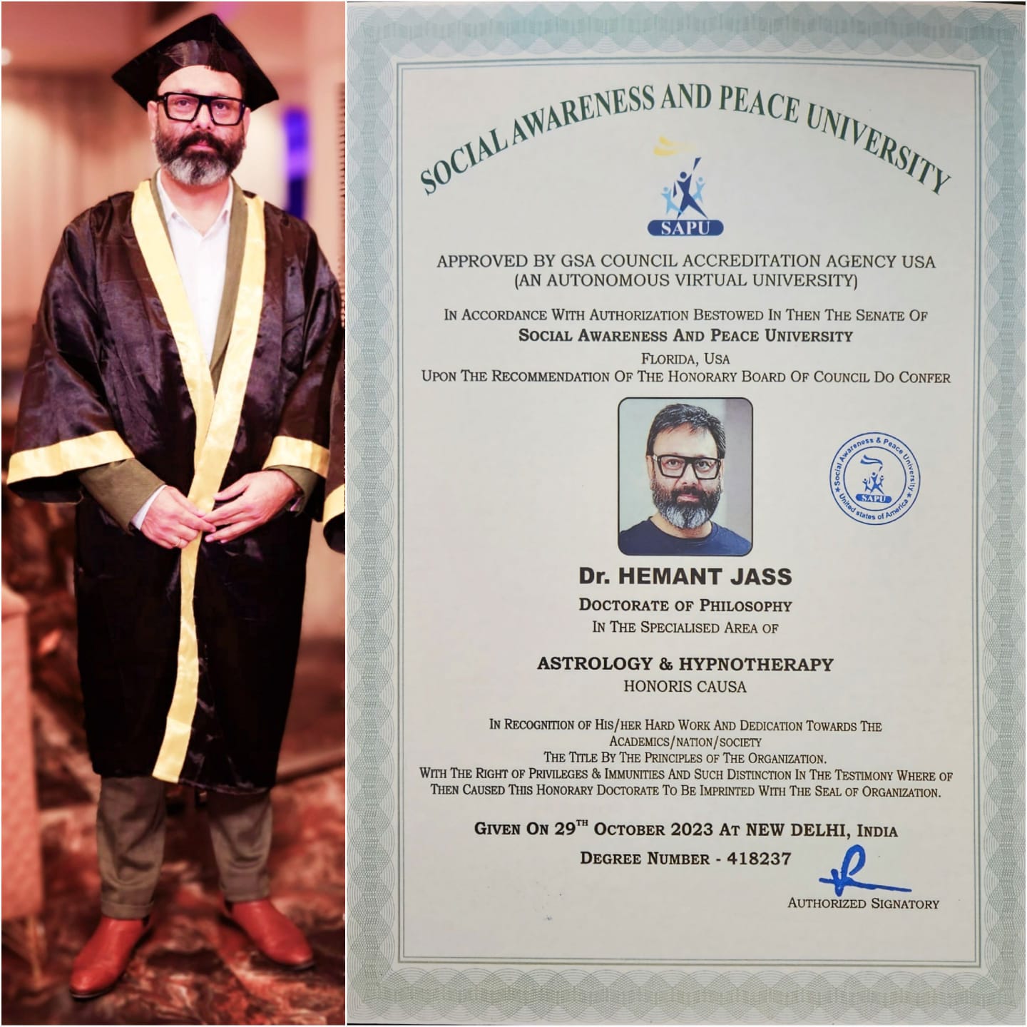 Dr. Hemant Jass — Doctorate of Philosophy in Astrology & Hypnotherapy