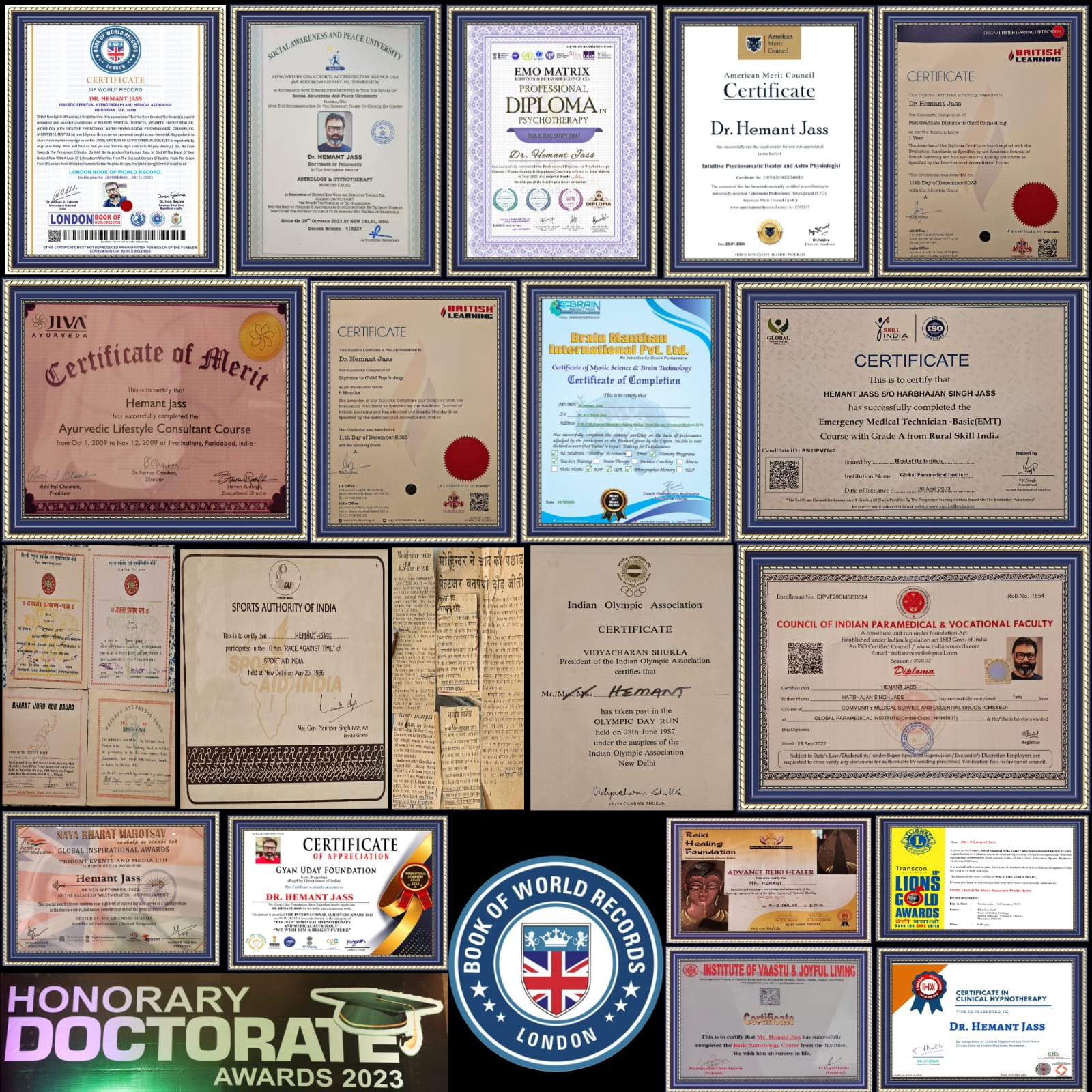 Dr. Hemant Jass — collection of certificates, awards and recognitions
